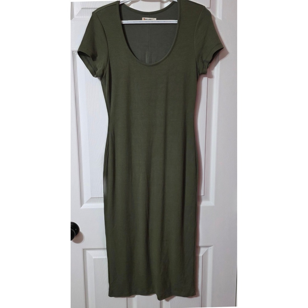 Marine Layer Women Large Ribbed Midi Dress Olive Green‎ Scoop Neck 14357 Casual - Picture 9 of 11